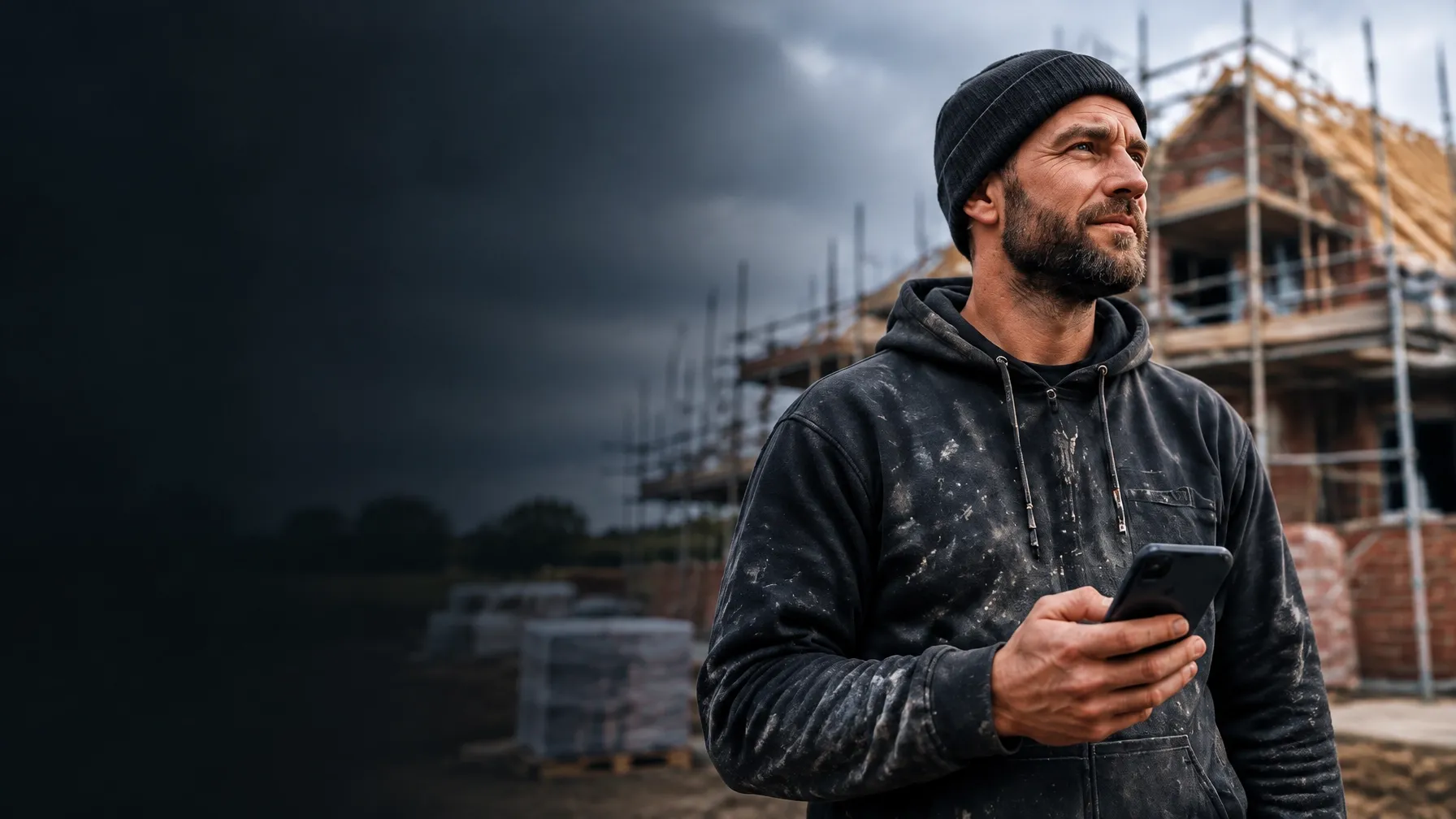 Builder using his phone at a residential building site