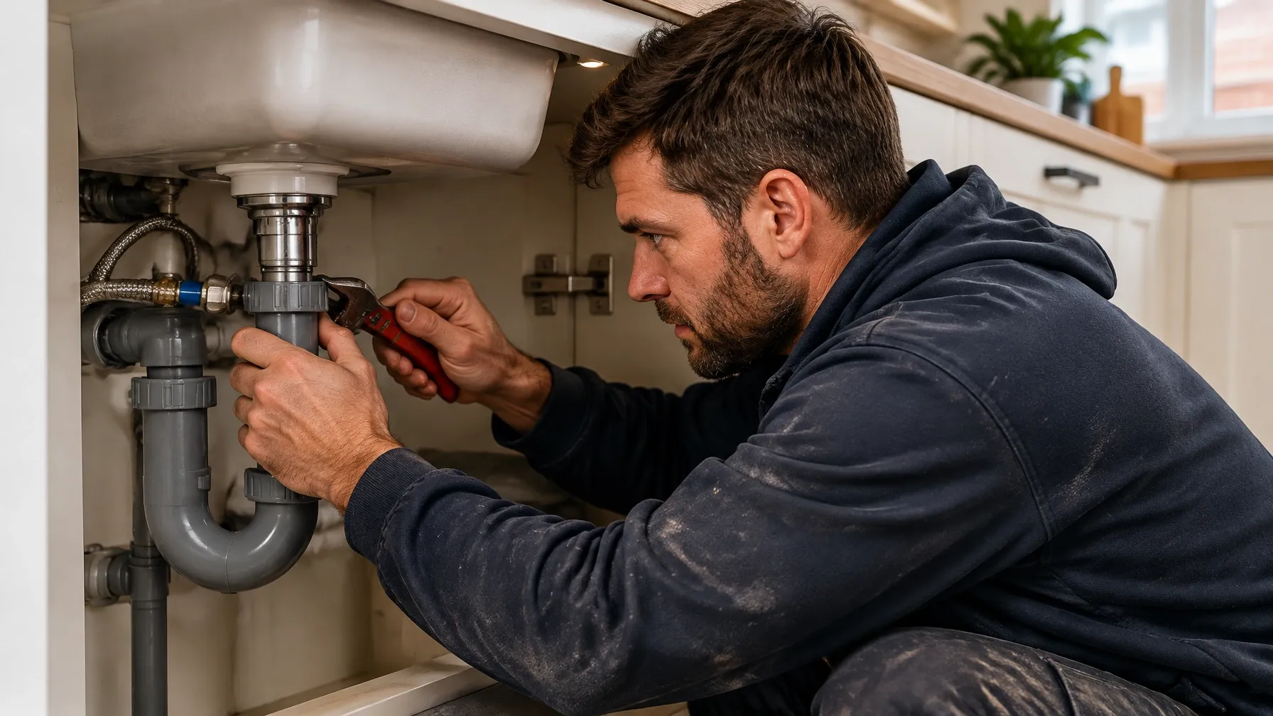 Plumber working beneath a kitchen sink